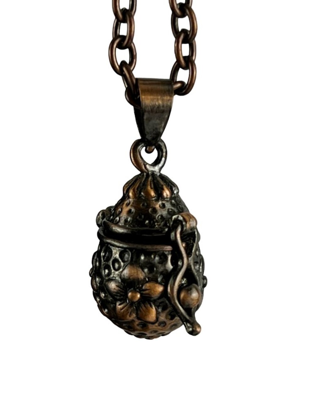 Tiny Secret Locket Pendant Embossed Floral Pattern — Antiqued Copper